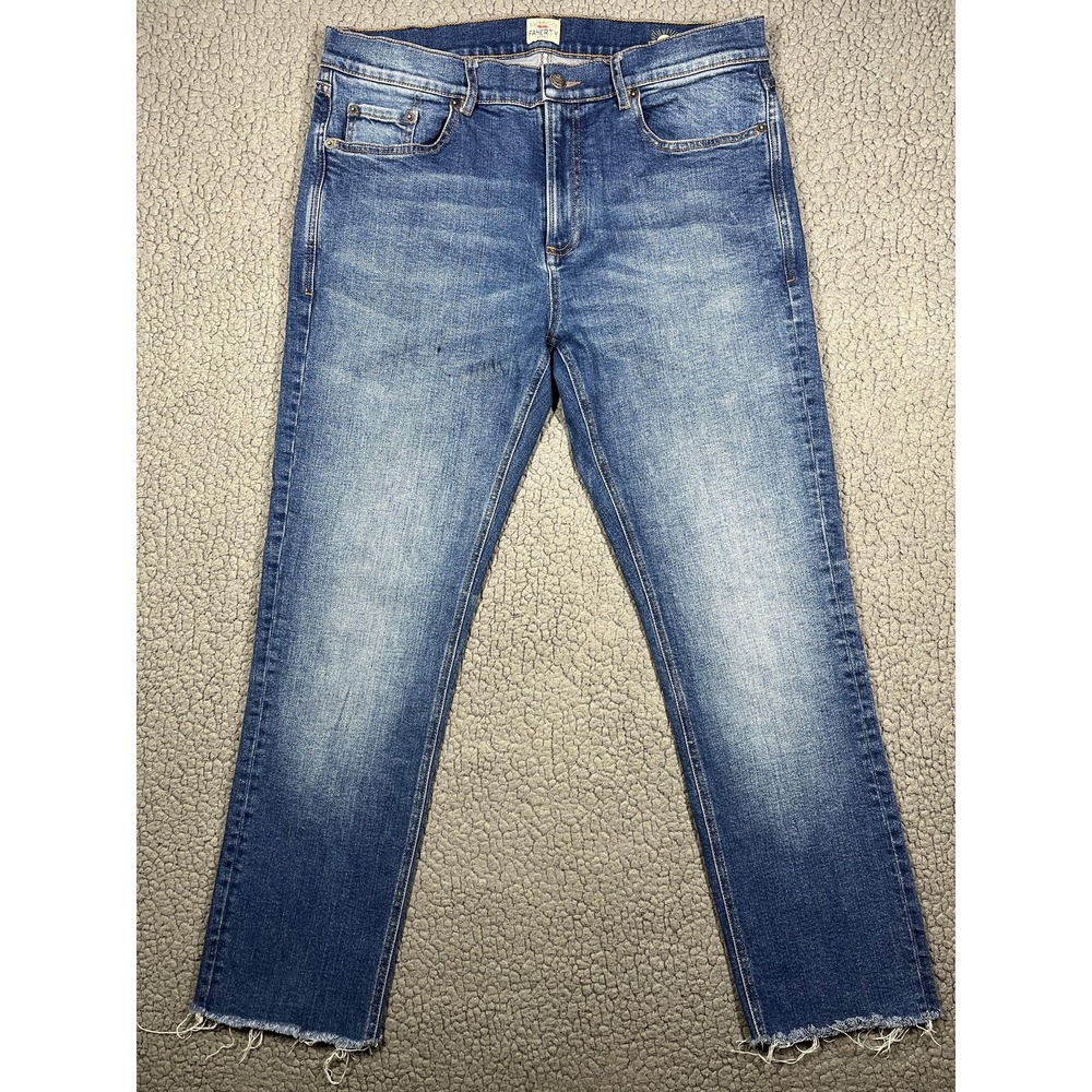 Faherty Brand Jeans Mens 33 Medium Wash Stretch Denim Raw Hem Frayed Whiskered